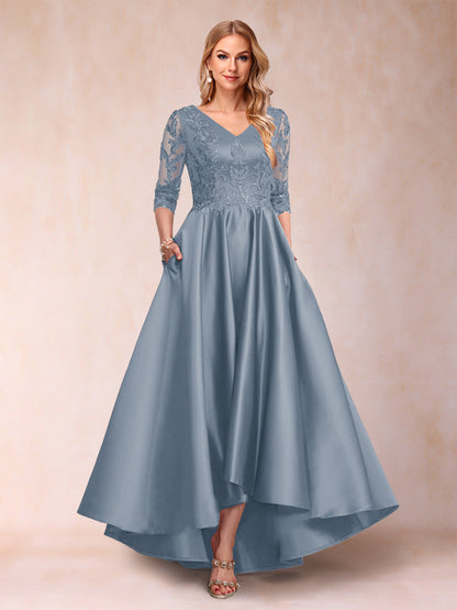 Robe de Mère de la Mariée Asymétrique à Col En V et Manches 3/4 Coupe A-Line/Princess avec Appliques