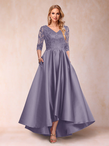 Robe de Mère de la Mariée Asymétrique à Col En V et Manches 3/4 Coupe A-Line/Princess avec Appliques