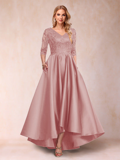Robe de Mère de la Mariée Asymétrique à Col En V et Manches 3/4 Coupe A-Line/Princess avec Appliques