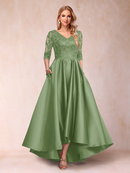 Robe de Mère de la Mariée Asymétrique à Col En V et Manches 3/4 Coupe A-Line/Princess avec Appliques