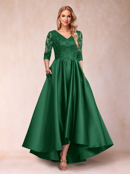 Robe de Mère de la Mariée Asymétrique à Col En V et Manches 3/4 Coupe A-Line/Princess avec Appliques