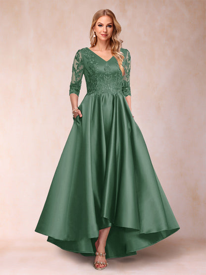 Robe de Mère de la Mariée Asymétrique à Col En V et Manches 3/4 Coupe A-Line/Princess avec Appliques