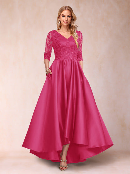 Robe de Mère de la Mariée Asymétrique à Col En V et Manches 3/4 Coupe A-Line/Princess avec Appliques