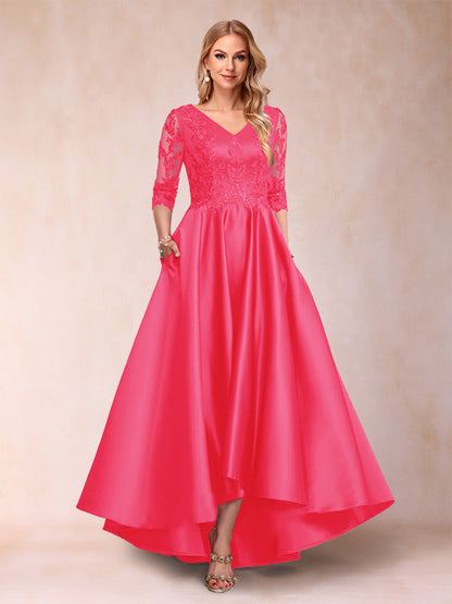 Robe de Mère de la Mariée Asymétrique à Col En V et Manches 3/4 Coupe A-Line/Princess avec Appliques
