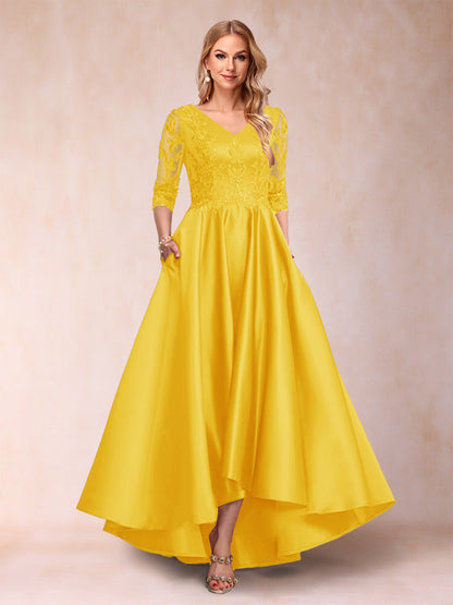 Robe de Mère de la Mariée Asymétrique à Col En V et Manches 3/4 Coupe A-Line/Princess avec Appliques