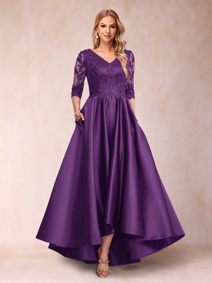 Robe de Mère de la Mariée Asymétrique à Col En V et Manches 3/4 Coupe A-Line/Princess avec Appliques