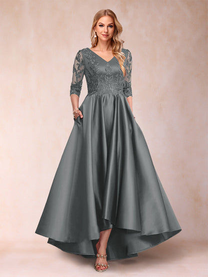 Robe de Mère de la Mariée Asymétrique à Col En V et Manches 3/4 Coupe A-Line/Princess avec Appliques