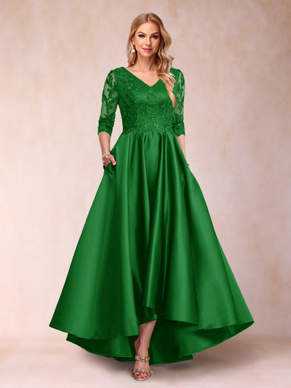 Robe de Mère de la Mariée Asymétrique à Col En V et Manches 3/4 Coupe A-Line/Princess avec Appliques