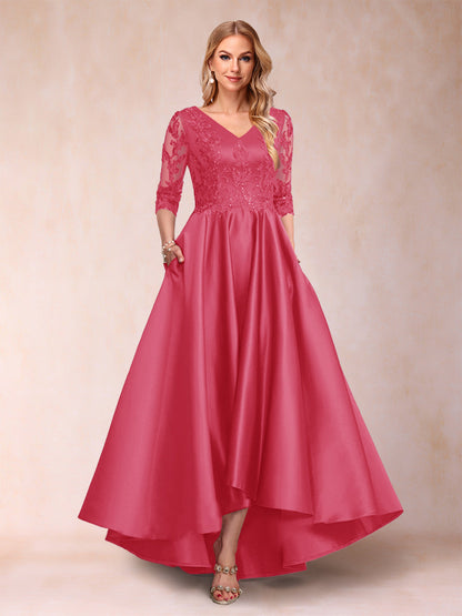 Robe de Mère de la Mariée Asymétrique à Col En V et Manches 3/4 Coupe A-Line/Princess avec Appliques