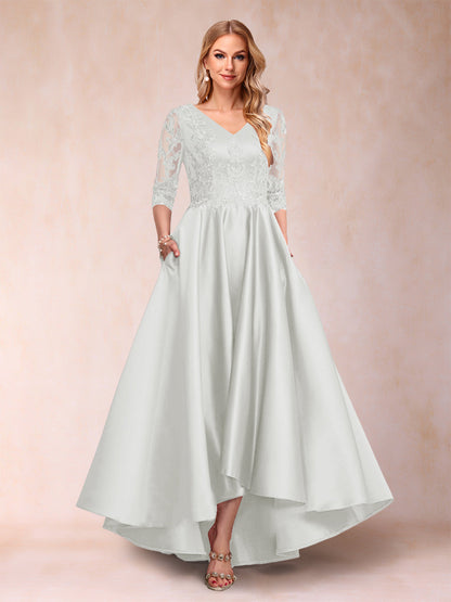 Robe de Mère de la Mariée Asymétrique à Col En V et Manches 3/4 Coupe A-Line/Princess avec Appliques