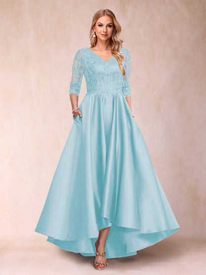 Robe de Mère de la Mariée Asymétrique à Col En V et Manches 3/4 Coupe A-Line/Princess avec Appliques