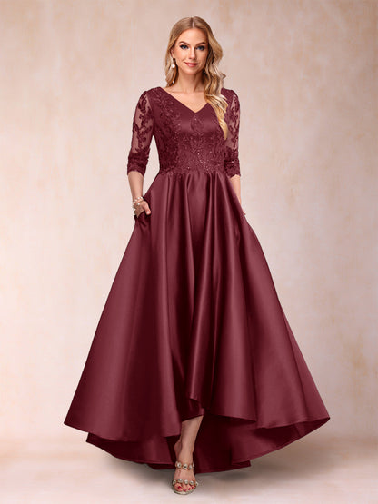 Robe de Mère de la Mariée Asymétrique à Col En V et Manches 3/4 Coupe A-Line/Princess avec Appliques