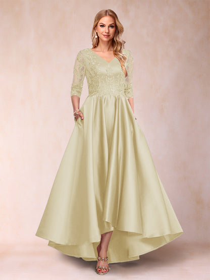 Robe de Mère de la Mariée Asymétrique à Col En V et Manches 3/4 Coupe A-Line/Princess avec Appliques