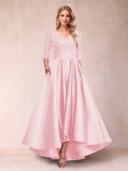 Robe de Mère de la Mariée Asymétrique à Col En V et Manches 3/4 Coupe A-Line/Princess avec Appliques