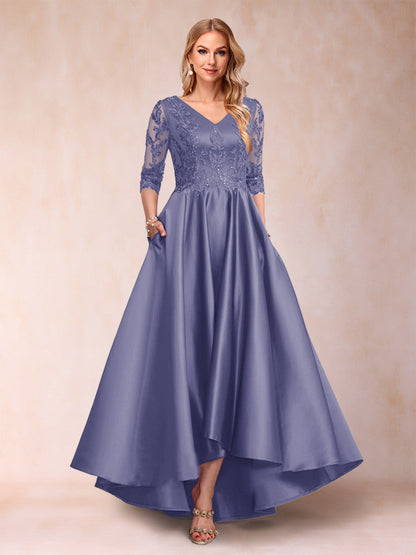 Robe de Mère de la Mariée Asymétrique à Col En V et Manches 3/4 Coupe A-Line/Princess avec Appliques