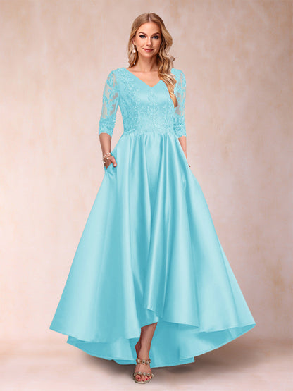 Robe de Mère de la Mariée Asymétrique à Col En V et Manches 3/4 Coupe A-Line/Princess avec Appliques