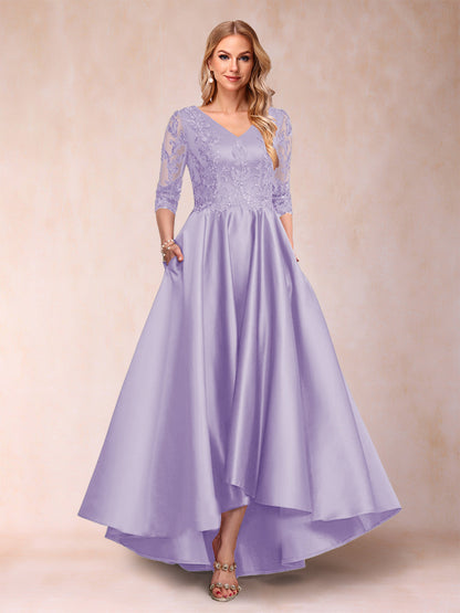 Robe de Mère de la Mariée Asymétrique à Col En V et Manches 3/4 Coupe A-Line/Princess avec Appliques