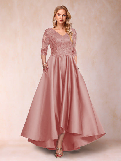 Robe de Mère de la Mariée Asymétrique à Col En V et Manches 3/4 Coupe A-Line/Princess avec Appliques
