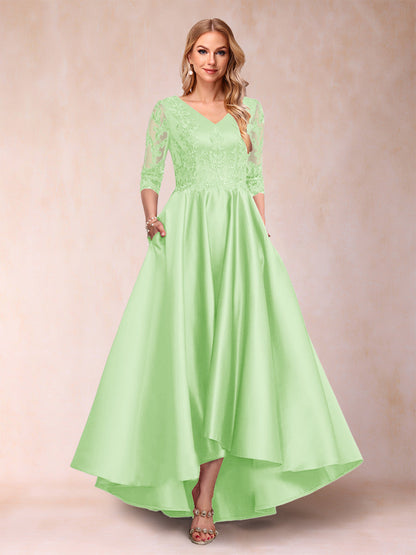 Robe de Mère de la Mariée Asymétrique à Col En V et Manches 3/4 Coupe A-Line/Princess avec Appliques