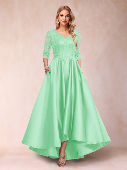 Robe de Mère de la Mariée Asymétrique à Col En V et Manches 3/4 Coupe A-Line/Princess avec Appliques