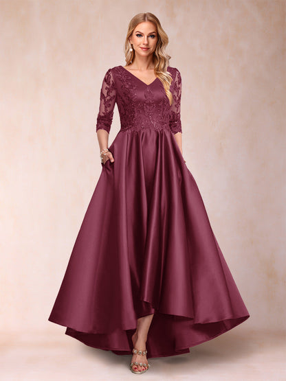 Robe de Mère de la Mariée Asymétrique à Col En V et Manches 3/4 Coupe A-Line/Princess avec Appliques