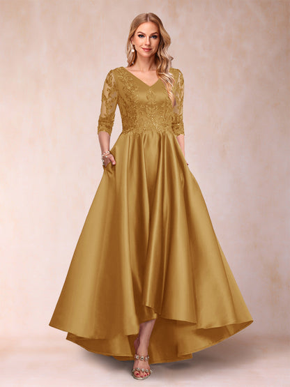 Robe de Mère de la Mariée Asymétrique à Col En V et Manches 3/4 Coupe A-Line/Princess avec Appliques