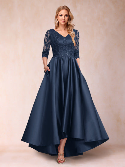Robe de Mère de la Mariée Asymétrique à Col En V et Manches 3/4 Coupe A-Line/Princess avec Appliques
