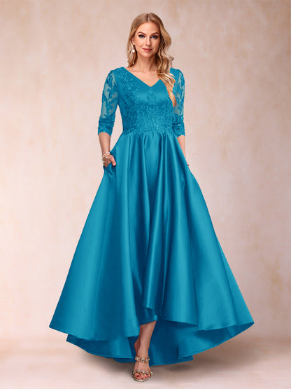 Robe de Mère de la Mariée Asymétrique à Col En V et Manches 3/4 Coupe A-Line/Princess avec Appliques