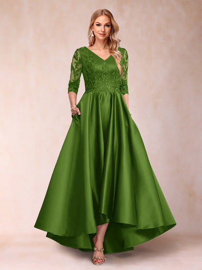 Robe de Mère de la Mariée Asymétrique à Col En V et Manches 3/4 Coupe A-Line/Princess avec Appliques
