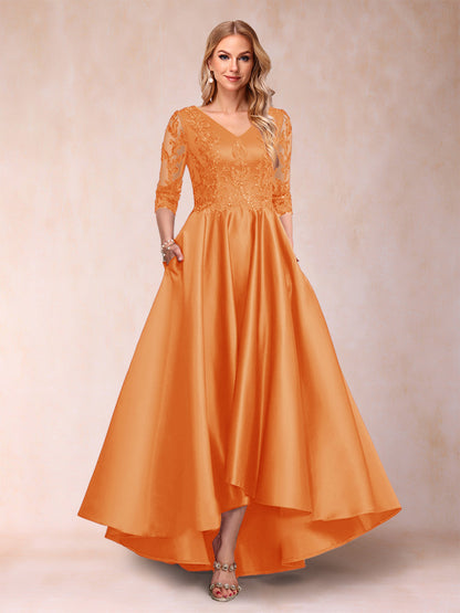 Robe de Mère de la Mariée Asymétrique à Col En V et Manches 3/4 Coupe A-Line/Princess avec Appliques