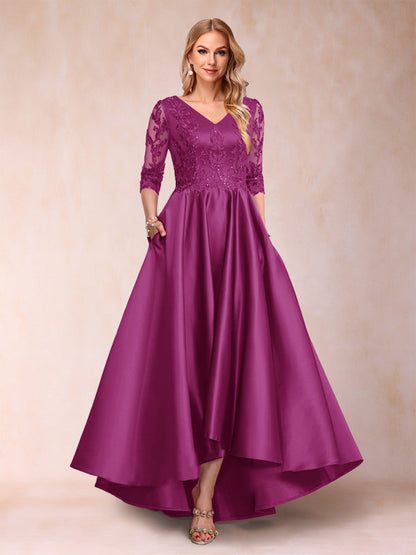 Robe de Mère de la Mariée Asymétrique à Col En V et Manches 3/4 Coupe A-Line/Princess avec Appliques