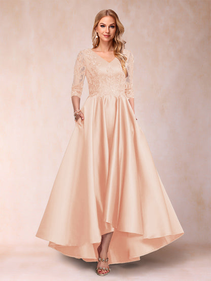 Robe de Mère de la Mariée Asymétrique à Col En V et Manches 3/4 Coupe A-Line/Princess avec Appliques