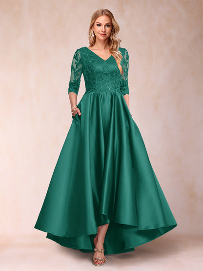 Robe de Mère de la Mariée Asymétrique à Col En V et Manches 3/4 Coupe A-Line/Princess avec Appliques