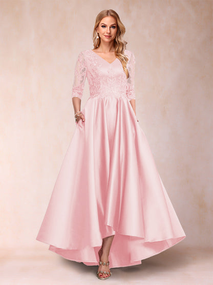 Robe de Mère de la Mariée Asymétrique à Col En V et Manches 3/4 Coupe A-Line/Princess avec Appliques
