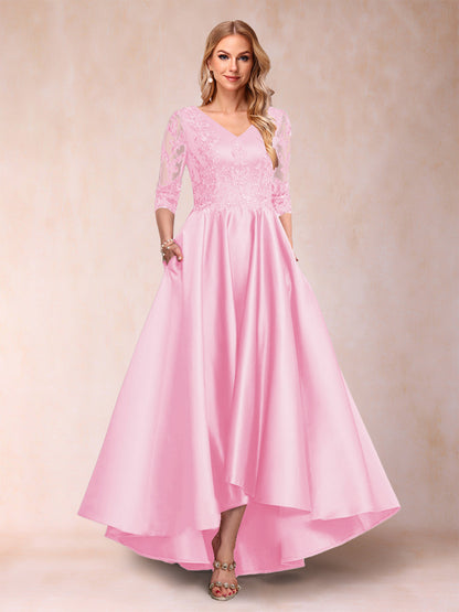 Robe de Mère de la Mariée Asymétrique à Col En V et Manches 3/4 Coupe A-Line/Princess avec Appliques