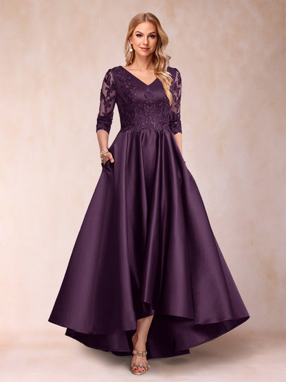 Robe de Mère de la Mariée Asymétrique à Col En V et Manches 3/4 Coupe A-Line/Princess avec Appliques