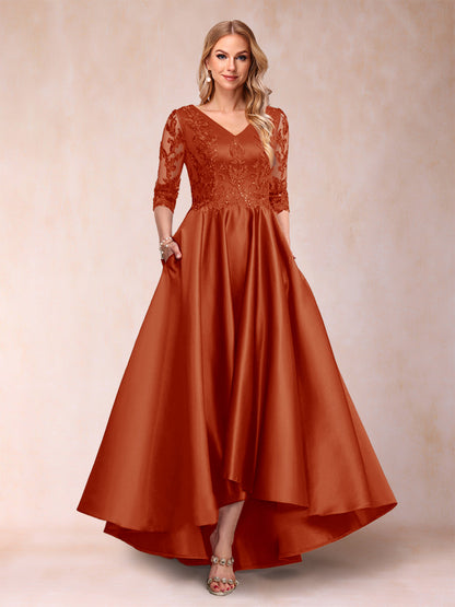 Robe de Mère de la Mariée Asymétrique à Col En V et Manches 3/4 Coupe A-Line/Princess avec Appliques
