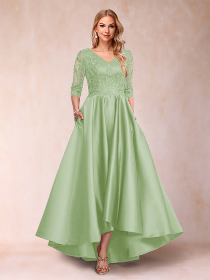 Robe de Mère de la Mariée Asymétrique à Col En V et Manches 3/4 Coupe A-Line/Princess avec Appliques