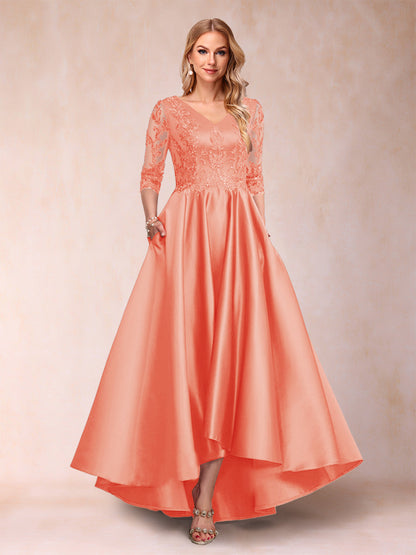 Robe de Mère de la Mariée Asymétrique à Col En V et Manches 3/4 Coupe A-Line/Princess avec Appliques