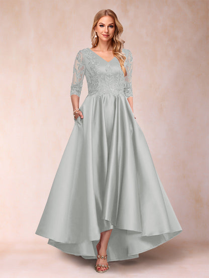Robe de Mère de la Mariée Asymétrique à Col En V et Manches 3/4 Coupe A-Line/Princess avec Appliques