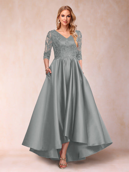 Robe de Mère de la Mariée Asymétrique à Col En V et Manches 3/4 Coupe A-Line/Princess avec Appliques