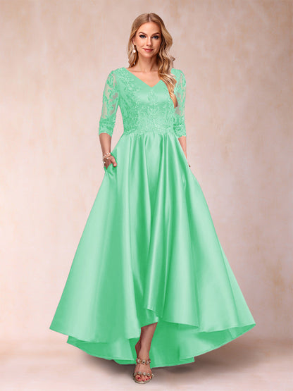 Robe de Mère de la Mariée Asymétrique à Col En V et Manches 3/4 Coupe A-Line/Princess avec Appliques