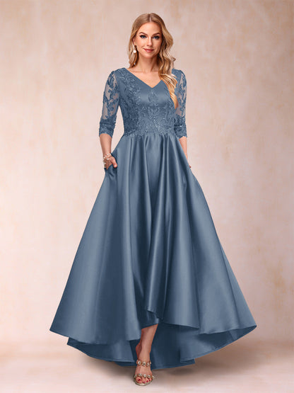 Robe de Mère de la Mariée Asymétrique à Col En V et Manches 3/4 Coupe A-Line/Princess avec Appliques