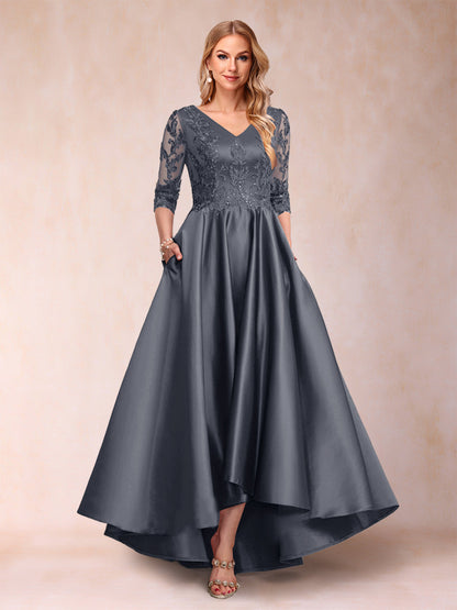 Robe de Mère de la Mariée Asymétrique à Col En V et Manches 3/4 Coupe A-Line/Princess avec Appliques
