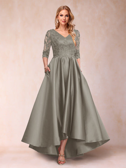 Robe de Mère de la Mariée Asymétrique à Col En V et Manches 3/4 Coupe A-Line/Princess avec Appliques