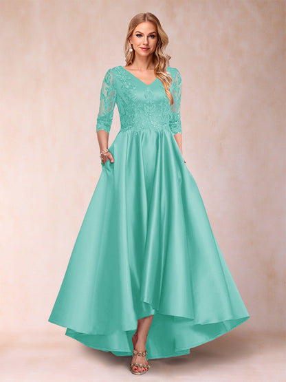 Robe de Mère de la Mariée Asymétrique à Col En V et Manches 3/4 Coupe A-Line/Princess avec Appliques