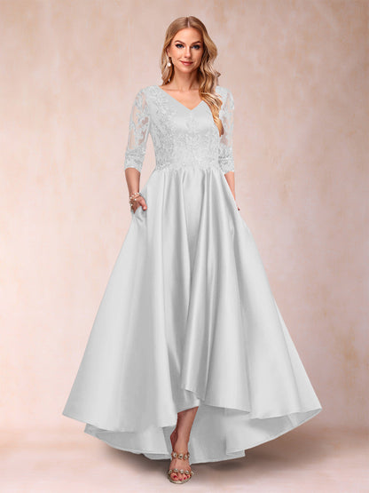 Robe de Mère de la Mariée Asymétrique à Col En V et Manches 3/4 Coupe A-Line/Princess avec Appliques