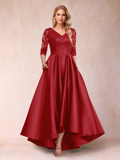 Robe de Mère de la Mariée Asymétrique à Col En V et Manches 3/4 Coupe A-Line/Princess avec Appliques