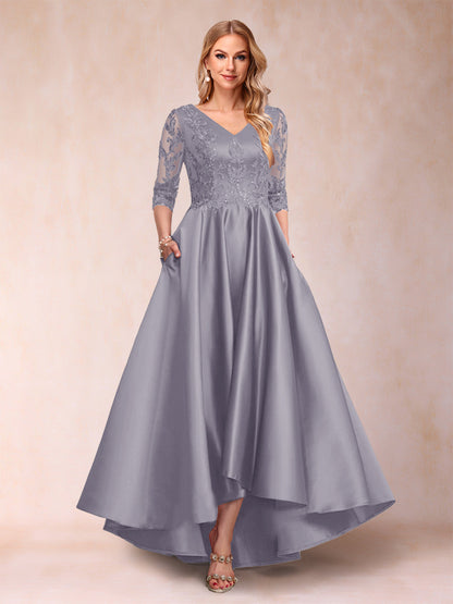 Robe de Mère de la Mariée Asymétrique à Col En V et Manches 3/4 Coupe A-Line/Princess avec Appliques