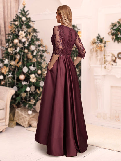 Robe de Noël Asymétrique Coupe A-Line/Princesse, Col en V, Manches 3/4 avec Applications